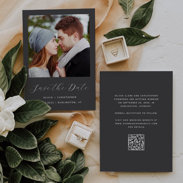 Photo Charcoal Grey Script QR Code Save The Date (Creator Uploaded)