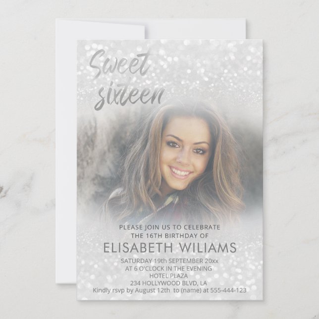 Photo charming silver glittery ombre invitation (Front)