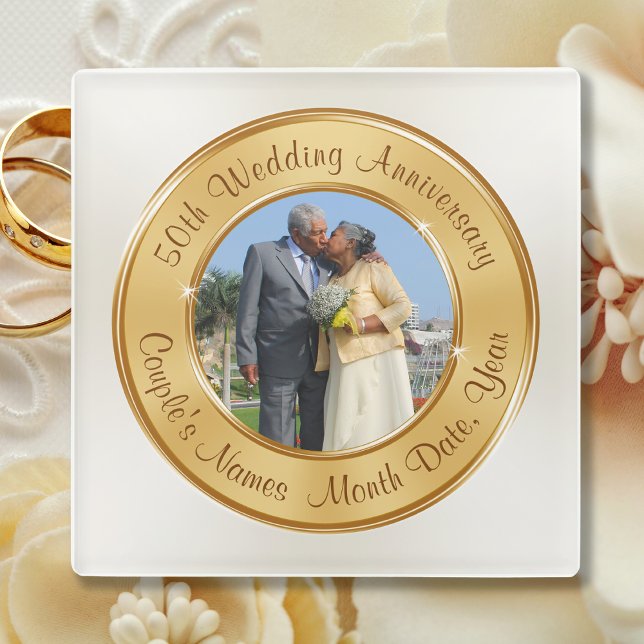 Photo Cheap 50th Anniversary Gifts, Buy 1 or Set Glass Coaster (Inexpensive 50th Anniversary Gifts. Anniversary Coasters. Golden Anniversary Gift Ideas. 50 years.)