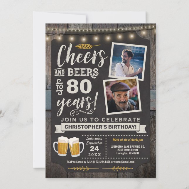 Photo Cheers and Beers 80th Birthday Invitation (Front)