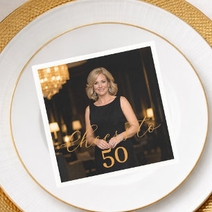 Photo cheers elegant script gold birthday luncheon napkin