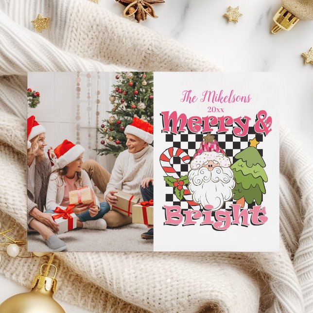 Photo Chequered Merry & Bright Christmas Holiday Card (Creator Uploaded)