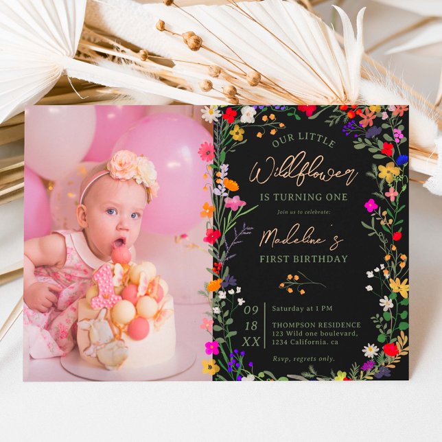 Photo chic boho bright wild flowers 1st birthday invitation (Creator Uploaded)