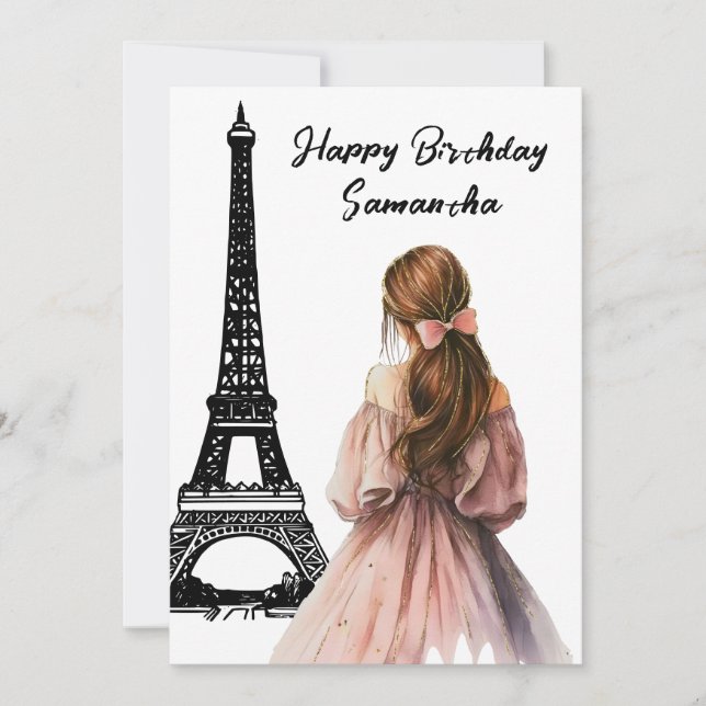 Photo Chic Eiffel Tower Bow Girl Paris Birthday Card (Front)