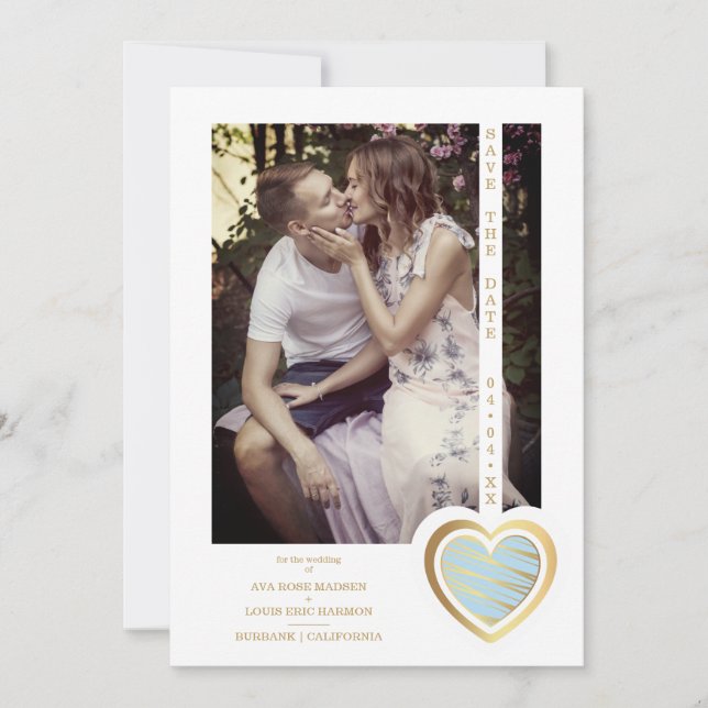Photo Chic Elegant Light Blue & Gold Effect Heart  Save The Date (Front)