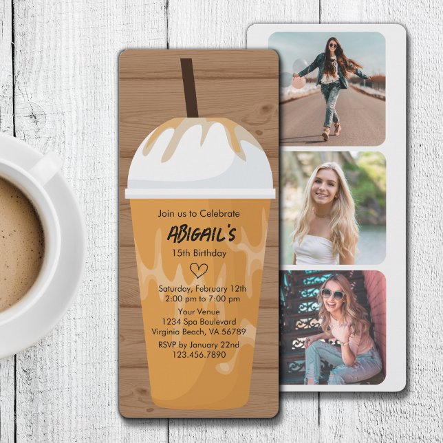 Photo Chic Wood Background Iced Coffee Birthday Invitation (Creator Uploaded)