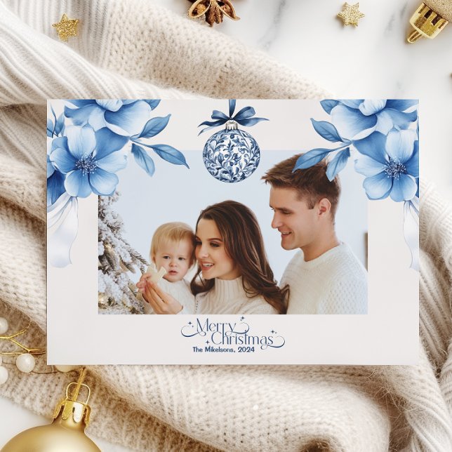 Photo Chinoiserie Chic Blue Christmas Holiday Card (Creator Uploaded)