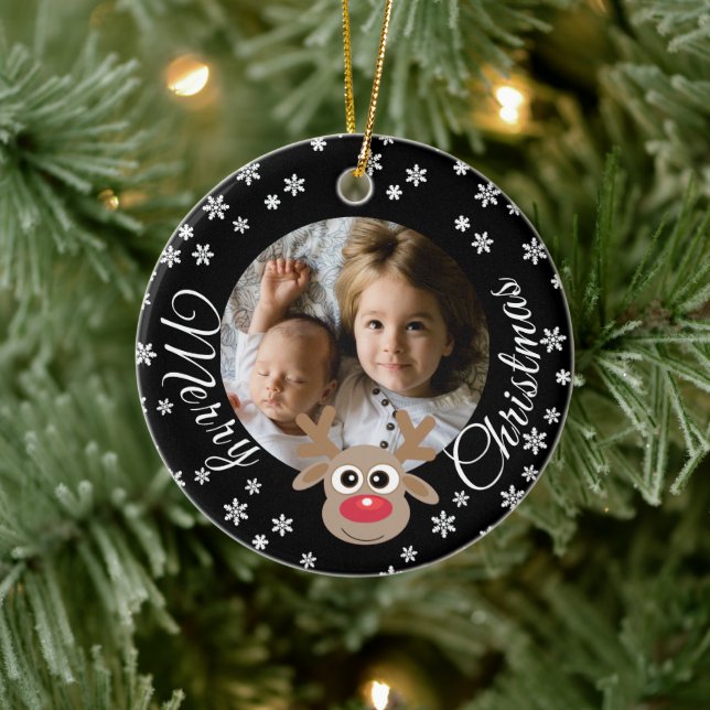 Photo Christmas Black Cute Reindeer White Script Ceramic Tree Decoration (Tree)