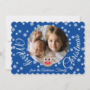 Photo Christmas Blue Cute Reindeer White Script Holiday Card