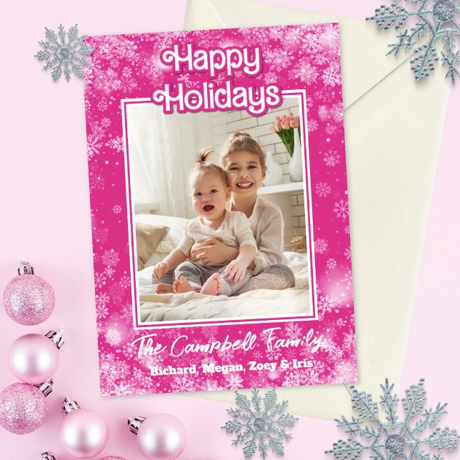 Photo Christmas Card | Hot Pink | Whimsical Flakes (Hot pink one photo whimsical snowflake holiday Christmas card)