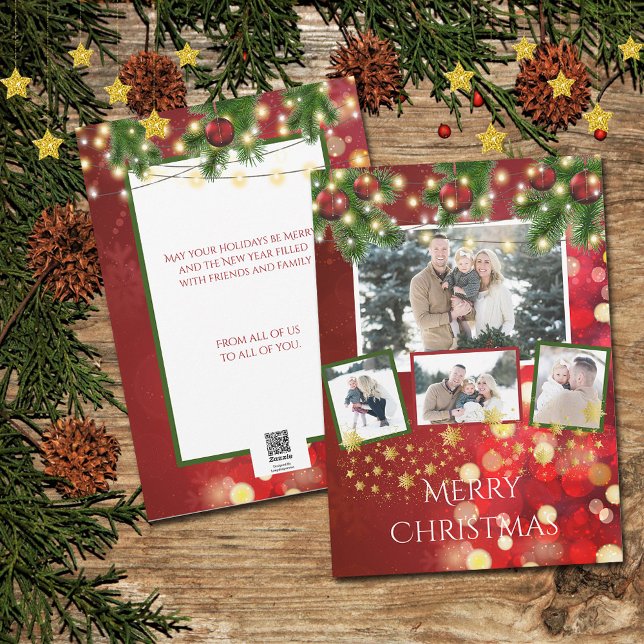 Photo Christmas Card String Lights Gold Stars (Creator Uploaded)