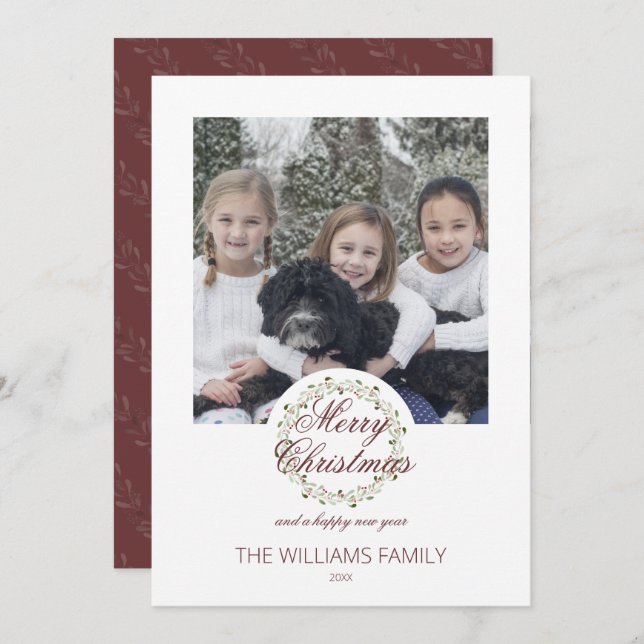 photo Christmas card watercolor wreath (Front/Back)