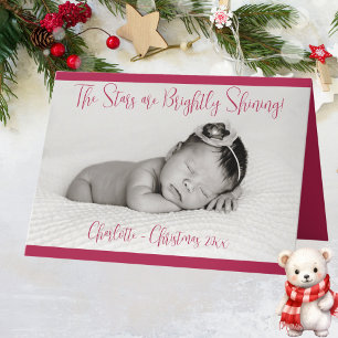 Photo Christmas Card with Baby Name Red