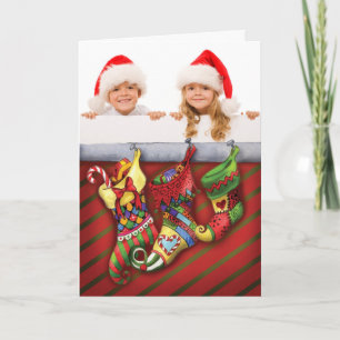Photo Christmas Card with Red and Green Stockings.