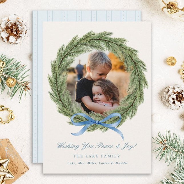 Photo Christmas Cards Watercolor Wreath Blue Bow (Creator Uploaded)
