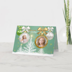Photo Christmas Gold White Green Bauble Snow Tree Card