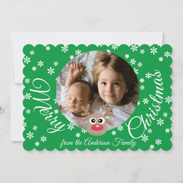 Photo Christmas Green Cute Reindeer White Script Holiday Card (Front)