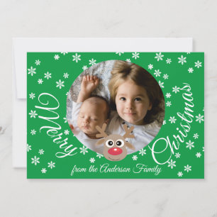 Photo Christmas Green Cute Reindeer White Script Holiday Card