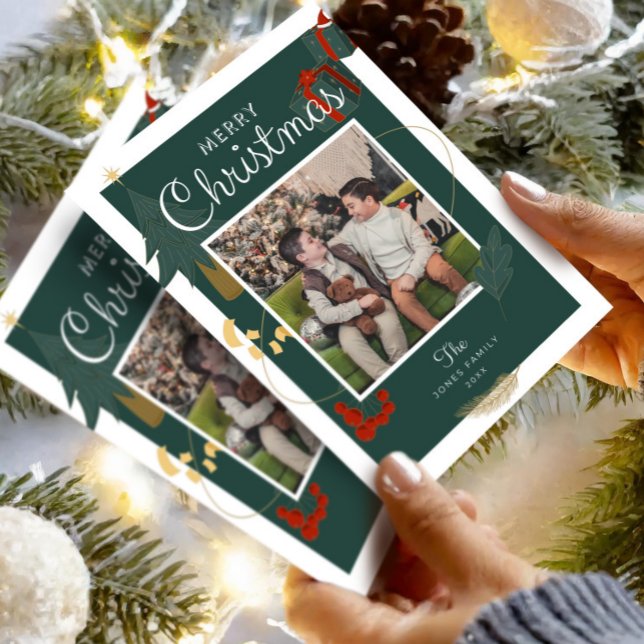 Photo Christmas Green Tree Family Holiday Thank You Card (Christmas Card Photo EditableTemplate , Boho Holiday Card , Unique Merry Christmas Family Printable )