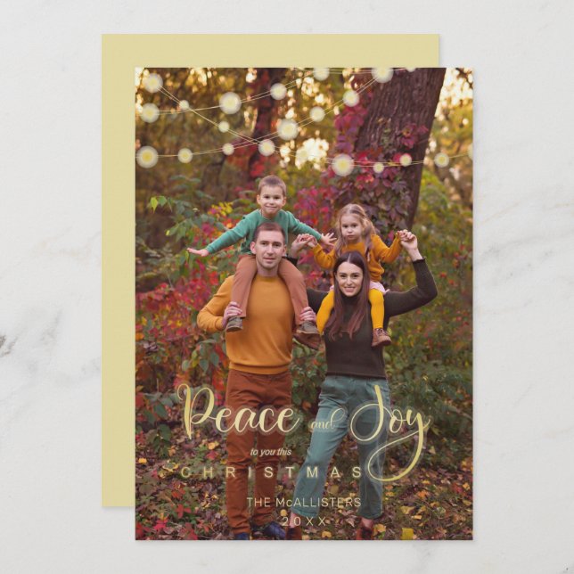 Photo Christmas Lights Peace Joy Whimsical Script (Front/Back)