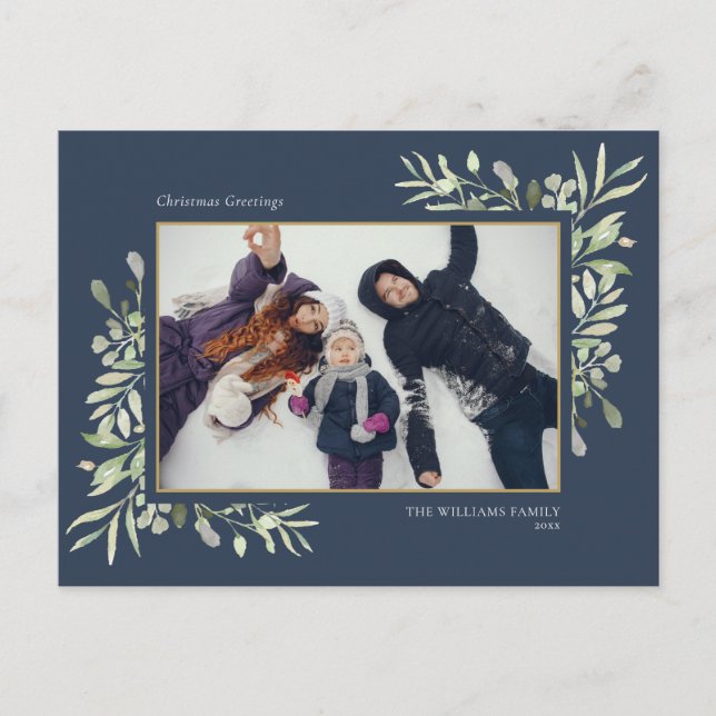 Photo Christmas Modern Elegant Greenery Floral Holiday Postcard (Front)