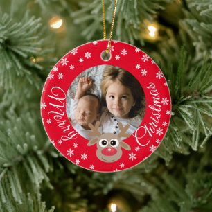 Photo Christmas Red Cute Reindeer White Script Ceramic Tree Decoration