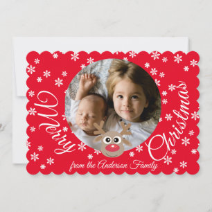 Photo Christmas Red Cute Reindeer White Script Holiday Card