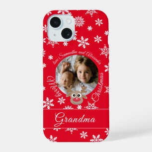 Photo Christmas Red Reindeer Cute White Script iPhone 15 Case