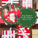 Photo Christmas Santa Candy Cane Names Green Paper<br><div class="desc">Family Photo Christmas Santa Custom Greeting Paper Ornament Card. Green background with candy canes and wrapped gifts pattern. ⭐PERSONALIZE this template to add your photo and message on the back. ⭐</div>