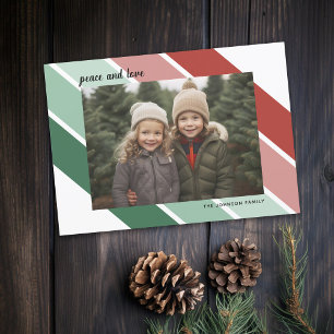 Photo Christmas Script Retro Red Green Stripes Holiday Card