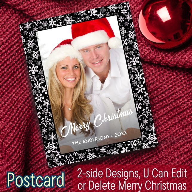 Photo Christmas Snowflakes Elegant Script Modern Holiday Postcard (Creator Uploaded)
