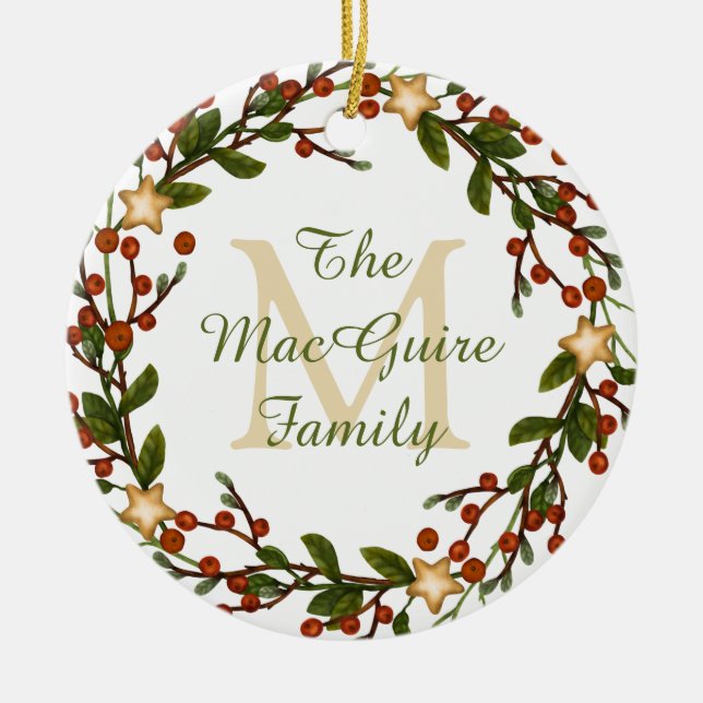 Photo Christmas Wreath Monogram Initial Ceramic Tree Decoration (Front)