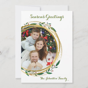 Photo Circle Gold Green & Red Christmas Card