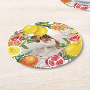 Photo Citrus Watercolor Botanical Wedding Round Paper Coaster