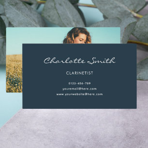 Photo Clarinetist Navy Blue Elegant Business Card