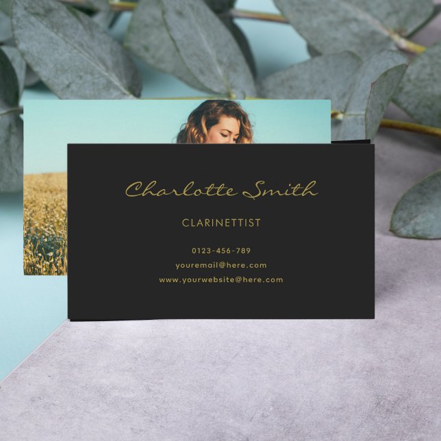 Photo Clarinettist Black & Gold Elegant Business Card (Creator Uploaded)