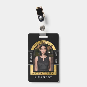 Photo Class Reunion Name Badge Black Gold School ID Badge
