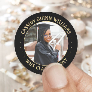 Photo Class Year Black and Gold Modern Graduation Classic Round Sticker