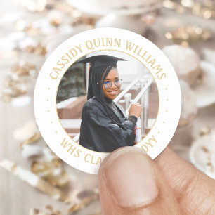 Photo Class Year Gold and White Modern Graduation Classic Round Sticker