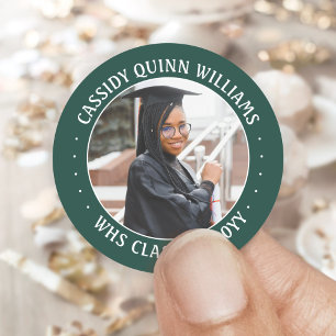 Photo Class Year Green and White Modern Graduation Classic Round Sticker