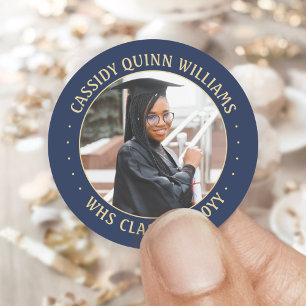 Photo Class Year Navy Blue Gold Modern Graduation Classic Round Sticker