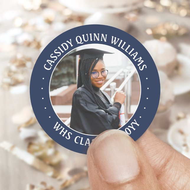 Photo Class Year Navy Blue White Modern Graduation Classic Round Sticker (Creator Uploaded)