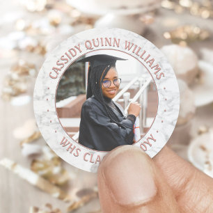 Photo Class Year Pink Rose Gold Marble Graduation Classic Round Sticker