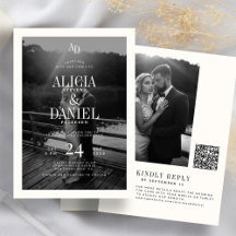 Photo classic black and ivory QR code RSVP wedding