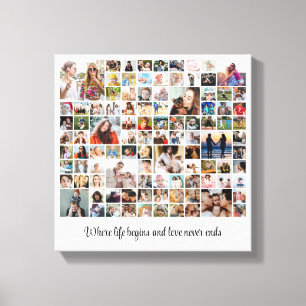 Photo Collage 100 Picture Grid Custom Square White Canvas Print