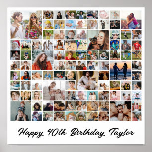 Photo Collage 100 Picture Grid Custom Square White Poster