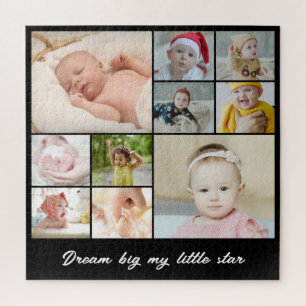 Photo Collage 10 Picture Grid Custom Square Black Jigsaw Puzzle