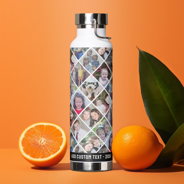 Photo Collage - 12 Photos Diamond All Over Pattern Water Bottle (Personalized water bottle with custom text - photo collage)