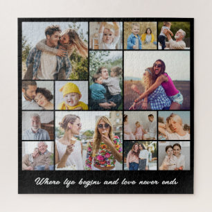 Photo Collage 15 Picture Grid Custom Square Black Jigsaw Puzzle