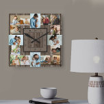Photo Collage 16 Picture Brown Wood Numbered<br><div class="desc">Photo wall clock with 16 of your favourite photos. The design has a rustic brown wood look background and stylish clock face with modern numbers. The photo template is ready for you to upload your photos, which are displayed in 2x portrait, 2x landscape and 12x square / instagram picture format....</div>